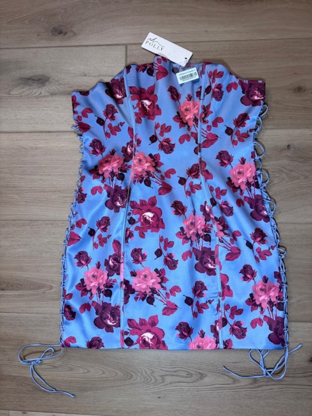 NWT Sz 14 Oh Polly Satin Floral Corset Lace-Up Side Mini Dress Feminine Coquette - Picture 2 of 14